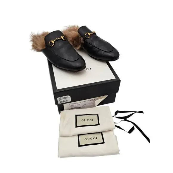 Gucci Princetown Horsebit Fur Lined Flat Mule Black Leather Size 37.5 US 7.5 - Picture 3 of 11